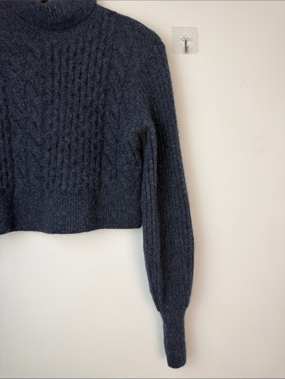 All Saints Claude Cropped Sweater Chunky Cable Knit Mock Neck Wool Blend SM Blue - Picture 7 of 16